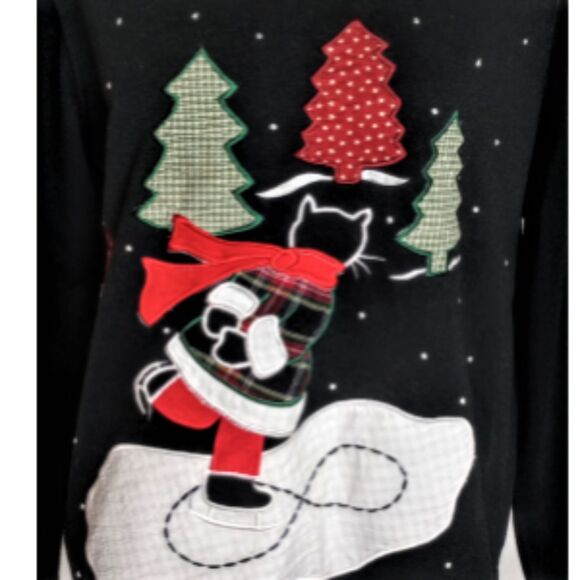 Vintage Christmas Cat / Ugly Xmas Sweater / Ice Skating Cat / Sz Med/ Sweatshirt - Picture 4 of 12